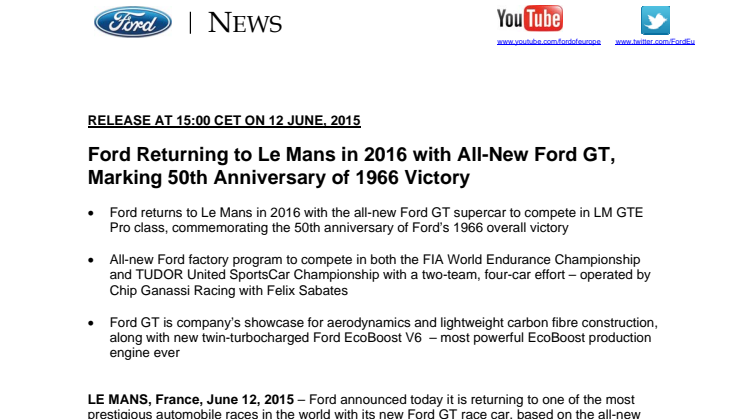 Ford tilbage i Le Mans: Den nye superbil GT klar til en stærk start i 2016