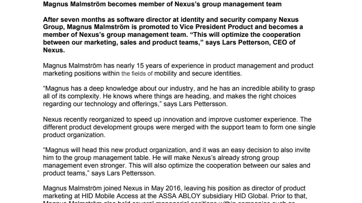 Magnus Malmström becomes member of Nexus’s group management team 