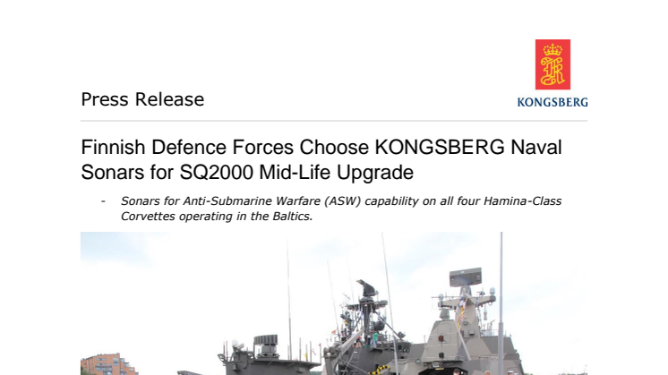 Kongsberg Maritime: Finnish Defence Forces Choose KONGSBERG Naval Sonars for SQ2000 Mid-Life Upgrade