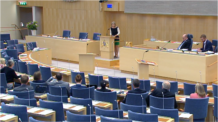 Miljöminister Karolina Skogs anförande under riksdagsdebatten om klimatpolitik den 20 juni 2018. Bildkälla: Riksdagens webb-TV