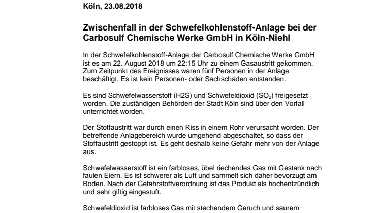 Zwischenfall in der Schwefelkohlenstoff-Anlage bei der Carbosulf Chemische Werke GmbH in Köln-Niehl 