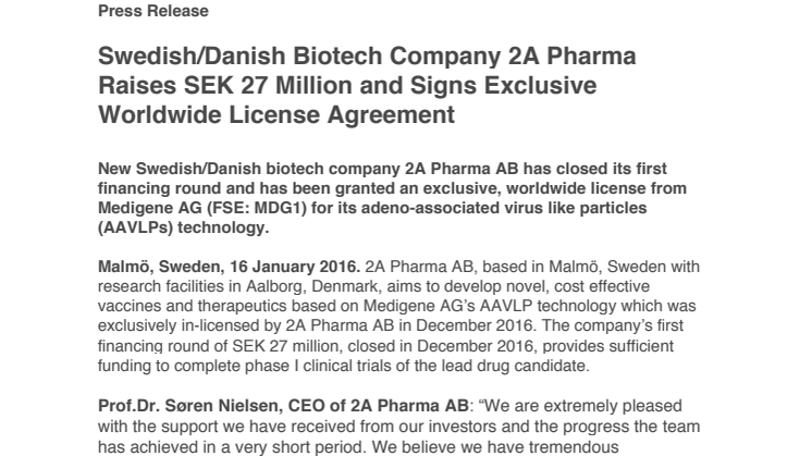 Swedish/Danish Biotech Company 2A Pharma Raises SEK 27 Million and Signs Exclusive Worldwide License Agreement