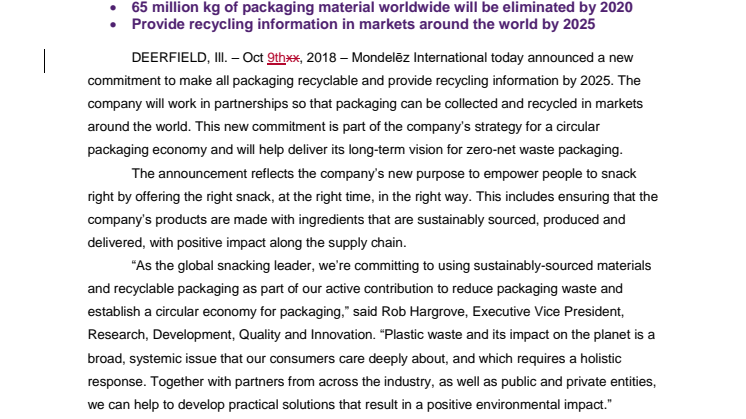 Mondelēz International forplikter seg til å gjøre all emballasje resirkulerbar innen 2025 