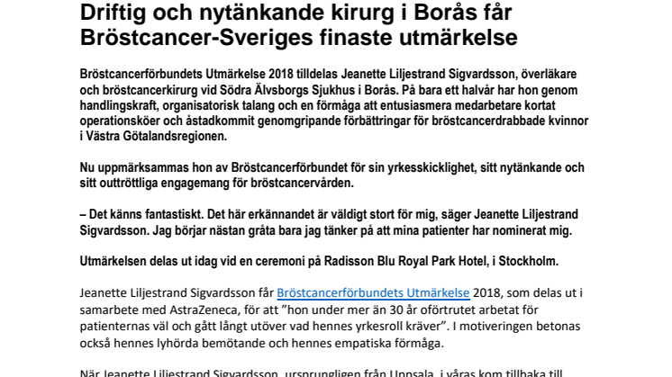 Driftig och nytänkande kirurg i Borås får Bröstcancer-Sveriges finaste utmärkelse