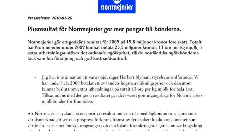 Plusresultat för Norrmejerier ger mer pengar till bönderna.