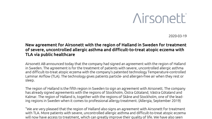 New agreement for Airsonett with the region of Halland in Sweden for treatment of severe, uncontrolled allergic asthma and difficult-to-treat atopic eczema with TLA via public healthcare