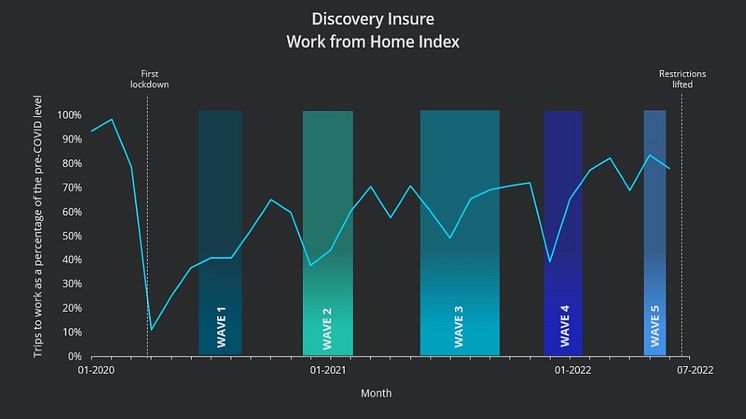 The above graph depicts driving patterns starting from a pre-COVID period at the beginning of 2020, until the month of June 2022. Shaded sections highlight the various waves of the pandemic. 