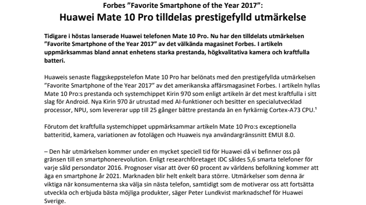  Forbes ”Favorite Smartphone of the Year 2017”: Huawei Mate 10 Pro tilldelas prestigefylld utmärkelse 