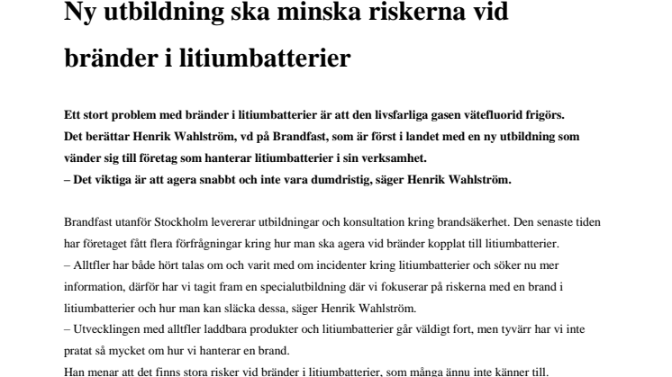 Ny utbildning ska minska riskerna vid bränder i litiumjonbatterier