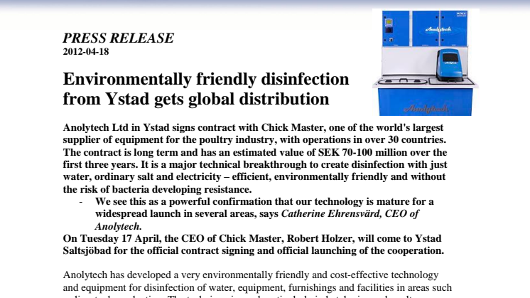 Environmentally friendly disinfection from Ystad gets global distribution