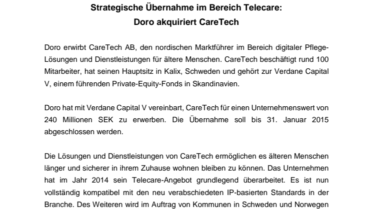 Strategische Übernahme im Bereich Telecare: Doro akquiriert CareTech