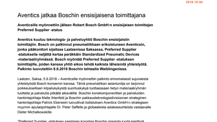 Aventics jatkaa Boschin ensisijaisena toimittajana