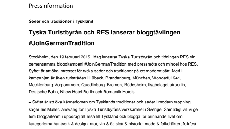 ​Tyska Turistbyrån och RES lanserar bloggtävlingen #JoinGermanTradition