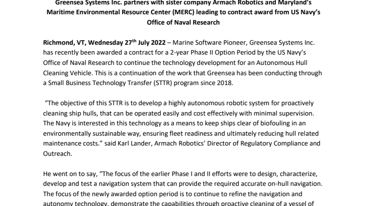 July 2022_Greensea Systems_STTR release.pdf