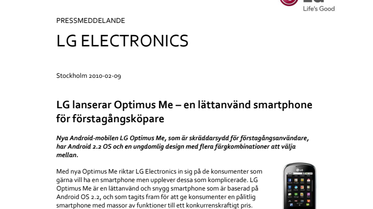 LG lanserar Optimus Me – en lättanvänd smartphone för förstagångsköpare   