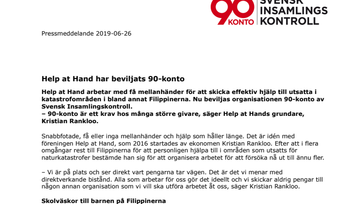 Help at Hand har beviljats 90-konto