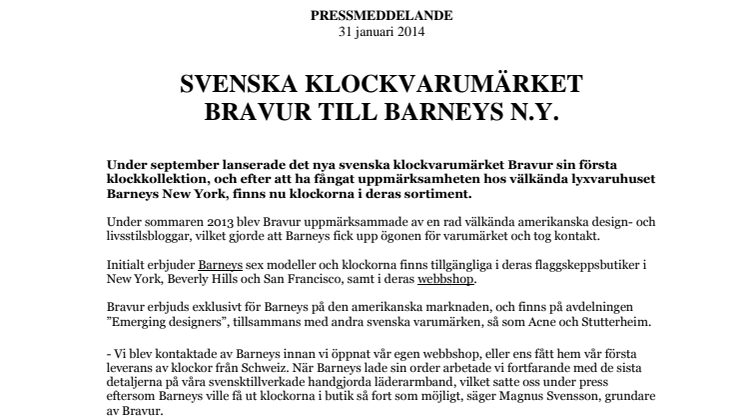 Svenska klockvarumärket Bravur till Barneys N.Y