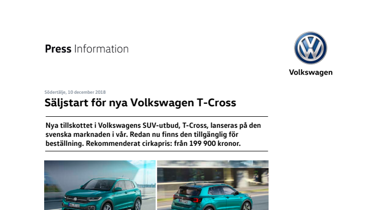 Säljstart för nya Volkswagen T-Cross