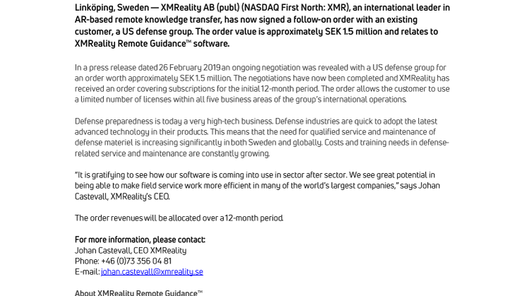 XMReality signs software order worth SEK 1.5 million with US defense group 