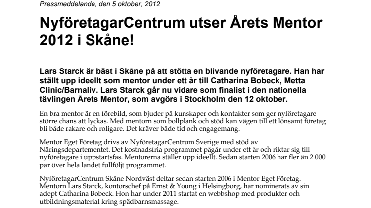 NyföretagarCentrum utser Årets Mentor 2012 i Skåne!