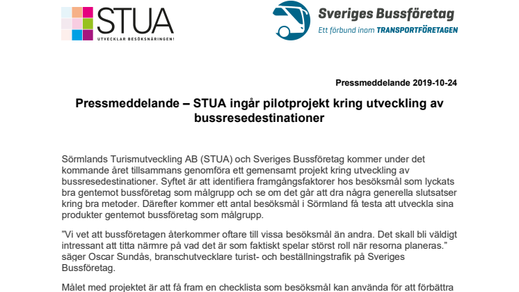 STUA ingår pilotprojekt kring utveckling av bussresedestinationer