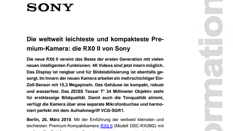 Die weltweit leichteste und kompakteste Premium-Kamera: die RX0 II von Sony