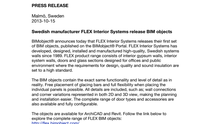 Swedish manufacturer FLEX Interior Systems release BIM objects