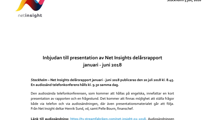 Inbjudan till presentation av Net Insights delårsrapport  januari - juni 2018