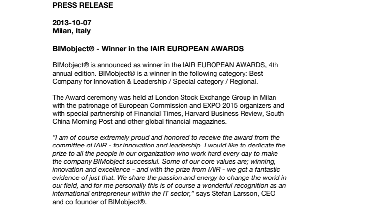 BIMobject® - Winner in the IAIR EUROPEAN AWARDS 