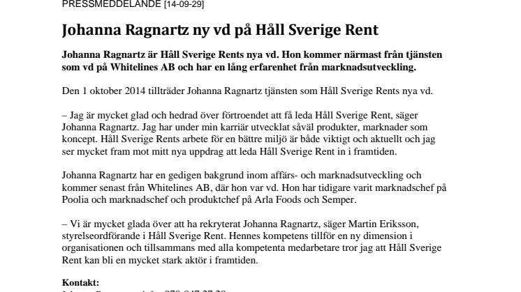 Johanna Ragnartz ny vd på Håll Sverige Rent 