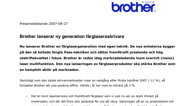 Brother International Sweden AB: Brother lanserar ny generation färglasersskrivare 
