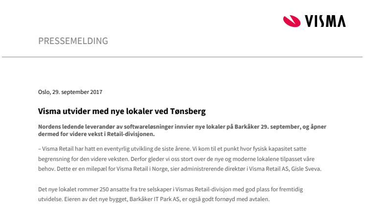 Visma utvider med nye lokaler ved Tønsberg