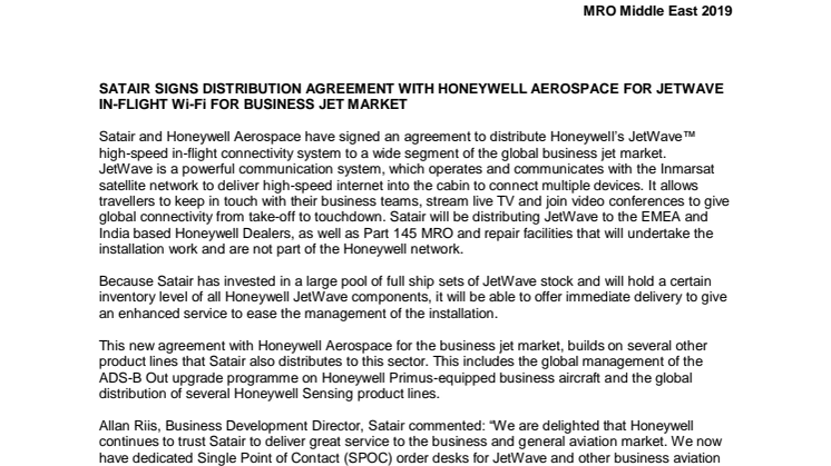 SATAIR SIGNS DISTRIBUTION AGREEMENT WITH HONEYWELL AEROSPACE FOR JETWAVE IN-FLIGHT Wi-Fi FOR BUSINESS JET MARKET