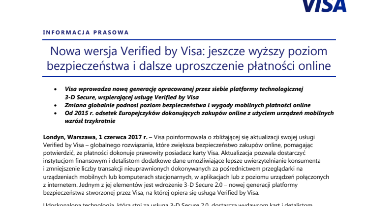 Nowa wersja Verified by Visa: jeszcze wyższy poziom bezpieczeństwa i dalsze uproszczenie płatności online