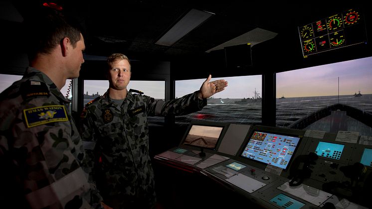Picture shows Maritime Warfare Officer Training in the KONGSBERG simulator at HMAS Watson.  Photo credit: POIS Yuri Ramsey. Copyright: Commonwealth of Australia