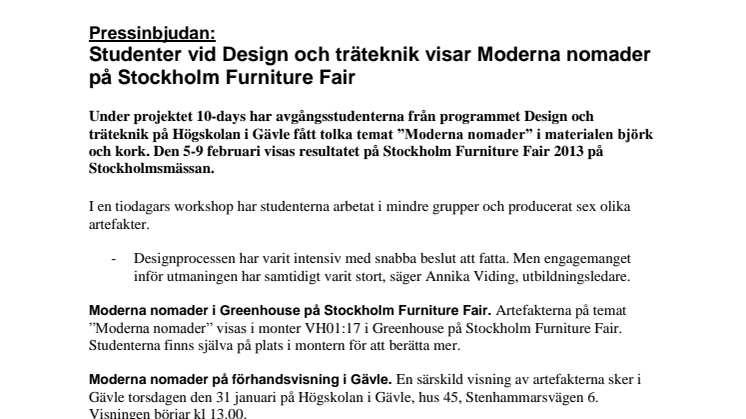 Pressinbjudan: Studenter vid Design och träteknik visar Moderna nomader på Stockholm Furniture Fair 