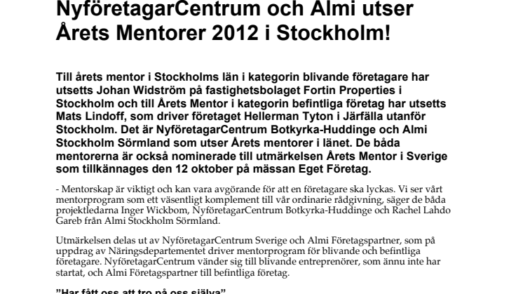 NyföretagarCentrum och Almi utser Årets Mentorer 2012 i Stockholm!