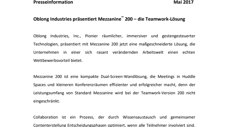 Oblong Industries präsentiert Mezzanine™ 200 – die Teamwork-Lösung