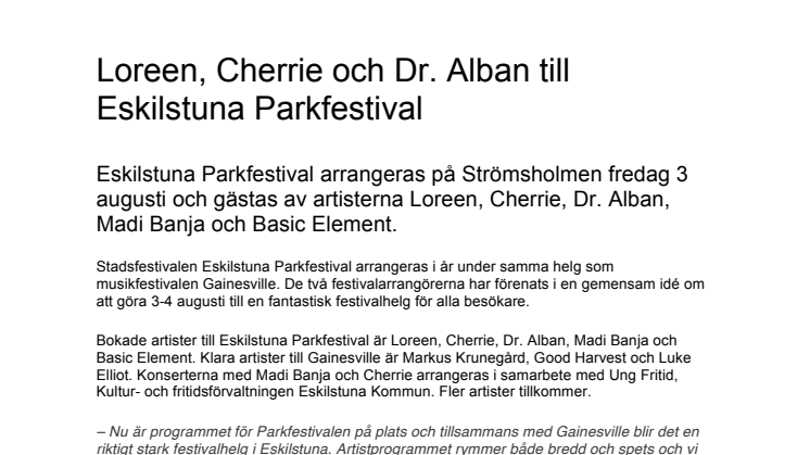 Loreen, Cherrie och Dr. Alban till Eskilstuna Parkfestival