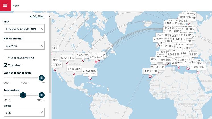 På Norwegians digitala linjekarta kan man välja destination efter temperatur