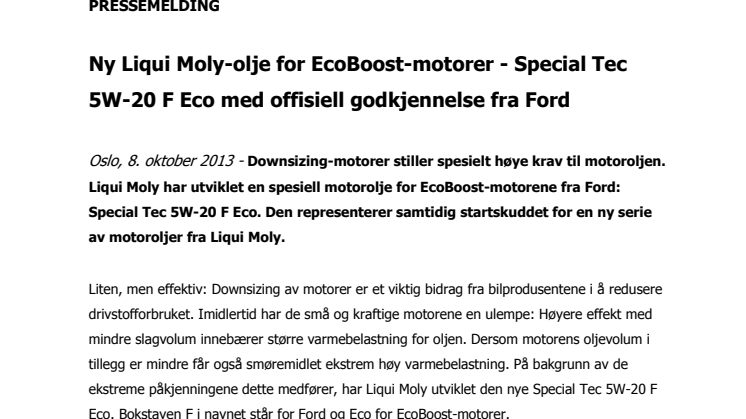 Ny Liqui Moly olje for EcoBoost-motorer - Special Tec 5W-20 F Eco med offisiell godkjennelse fra Ford
