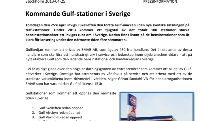 Kommande Gulf-stationer i Sverige