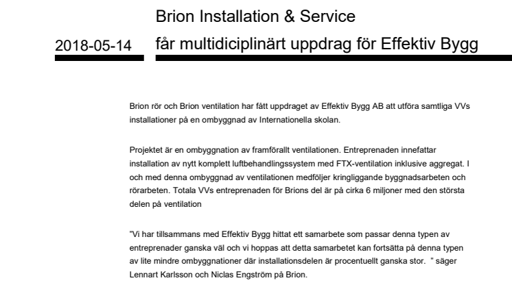 Brion Installation & Service får multidiciplinärt uppdrag för Effektiv Bygg