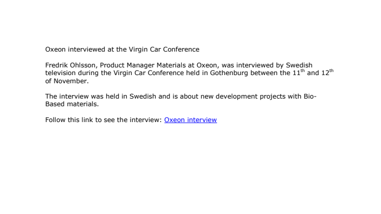 Oxeon interviewed at the Virgin Car Conference