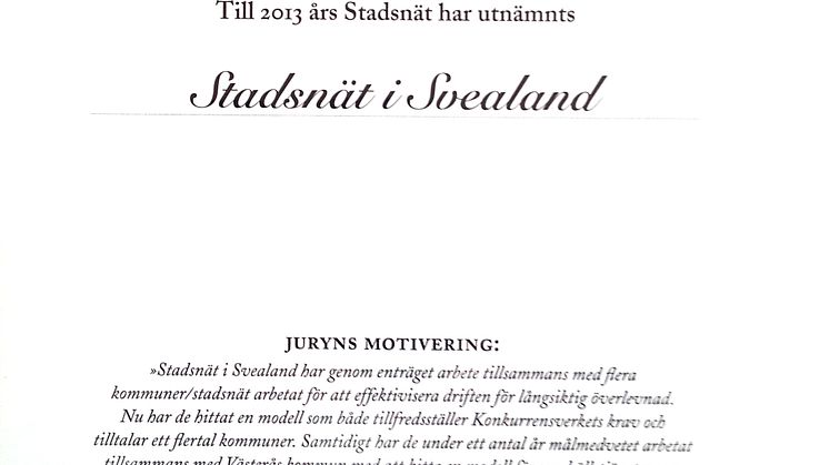 Stadsnät i Svealand utsett till Årets Stadsnät 2013 