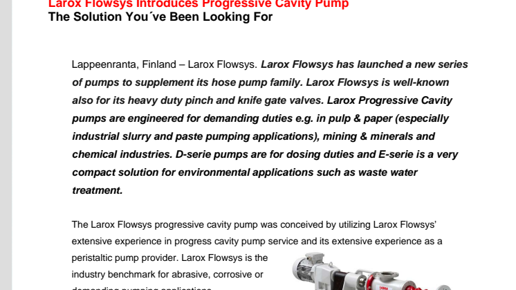 Larox Flowsys Introduces Progressive Cavity Pump