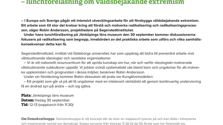 Demokratisoppa med Robin Andersson – lunchföreläsning om våldsbejakande extremism