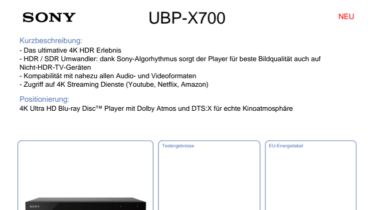 Datenblatt 4K Blu-ray Player UBP-X700 von Sony