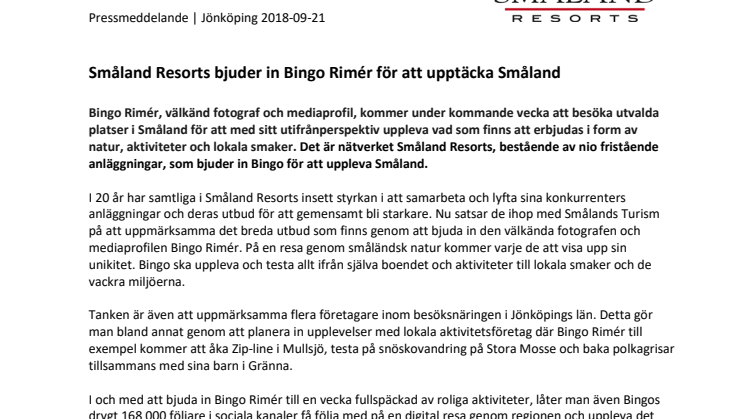 Småland Resorts bjuder in Bingo Rimér för att upptäcka Småland 