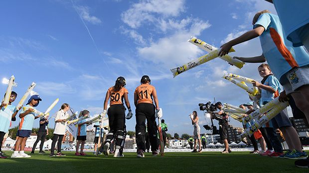 Hayley Matthews and Suzie Bates of Southern Vipers enter the field of play at KSL Final between Southern Vipers and Western Storm at The 1st Central County Ground on September 1, 2017 in Hove
